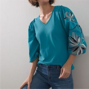 Chicos Teal V Neck Top Embroidered Puff Sleeve Chicos Sz 2 Womens L Boho Casual